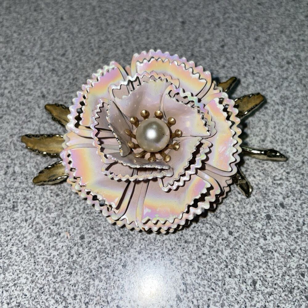 Vintage Gold Tone Metal Flowers Faux Pearl Large 3D Brooch Estate Statement